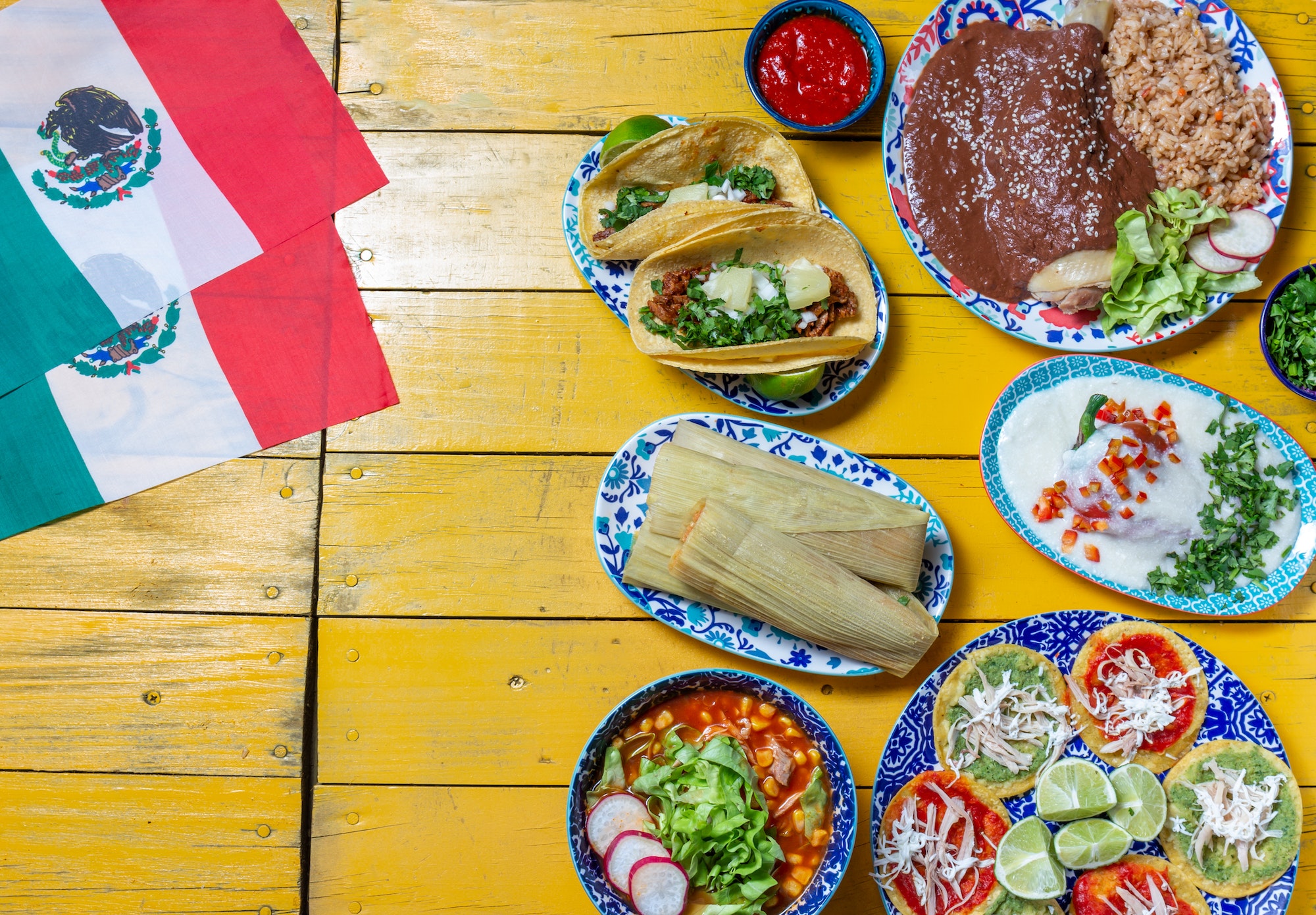 Mexican festive food for independence day independencia - Yellow background.